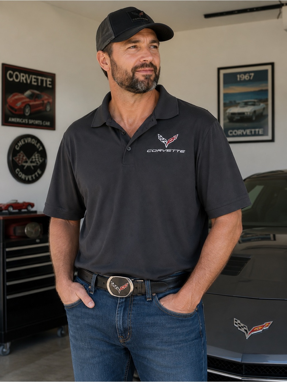 Corvette Men's Black Embroidered Logo Polo